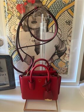 MCM Milla Mini Tote Bag in Red Grained Calfskin Leather